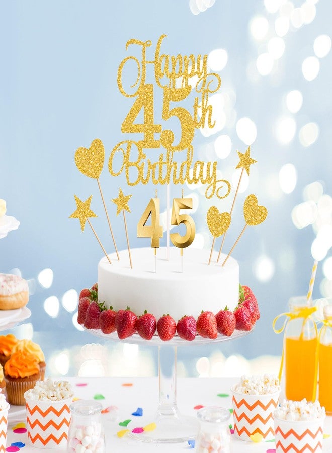 Lecferrarc 45th Birthday Cake Decorations, 45th Birthday Candles Cake Numeral Candles and Glitter Happy 45th Birthday Cake Toppers Set for Birthday Party Supplies (Gold) - Image 3